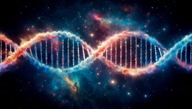 multi-colored DNA chain on a dark cosmic background.