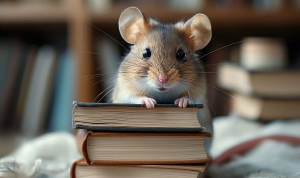 3D illustration of a mouse with books. Selective soft focus.