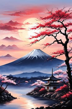 Traditional Japanese pagoda with iconic Mount Fuji in background, capturing essence of Japans natural beauty, cultural heritage. For interior, commercial spaces to create stylish atmosphere, print