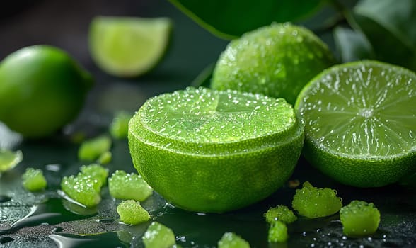 Fruit background with fresh lime fruits with leaves. Selective soft focus.