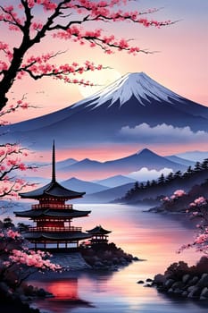 Traditional Japanese pagoda with iconic Mount Fuji in background, capturing essence of Japans natural beauty, cultural heritage. For interior, commercial spaces to create stylish atmosphere, print