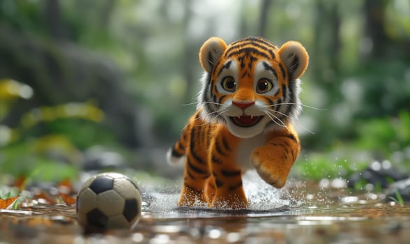 3D illustration of a tiger playing football. Selective soft focus.