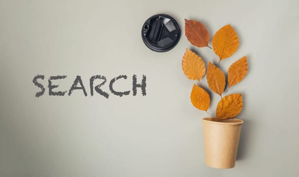 A plant with leaves and a cup with the word search written on it. Concept of searching for something, perhaps a hidden message or a lost item. Scene is somewhat mysterious and intriguing