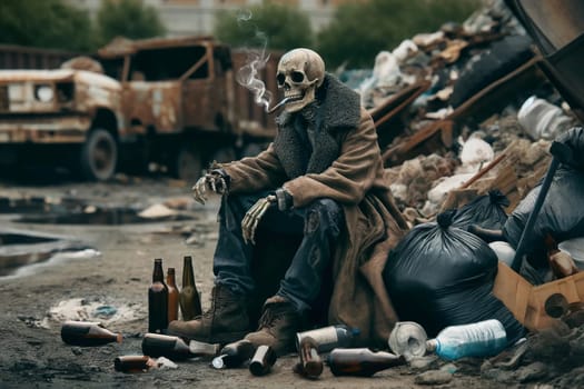 A skeleton in a torn coat and pants sits in a garbage dump with a smoking cigarette in his teeth among empty bottles of alcohol.