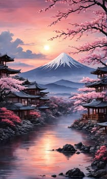 Traditional Japanese pagoda with iconic Mount Fuji in background, capturing essence of Japans natural beauty, cultural heritage. For interior, commercial spaces to create stylish atmosphere, print