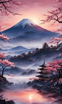 Serene landscape with mountain, pagoda in background. For meditation apps, on covers of books about spiritual growth, in designs for yoga studios, spa salons, illustration for articles on inner peace