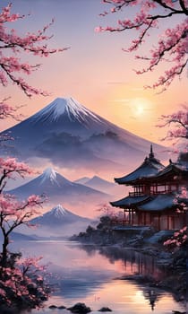 Serene landscape with mountain, pagoda in background. For meditation apps, on covers of books about spiritual growth, in designs for yoga studios, spa salons, illustration for articles on inner peace