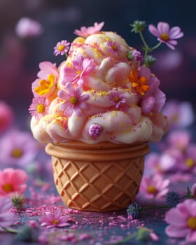 Flower ice cream in a waffle cup. Selective soft focus.