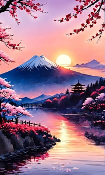 Serene landscape with mountain, pagoda in background. For meditation apps, on covers of books about spiritual growth, in designs for yoga studios, spa salons, illustration for articles on inner peace