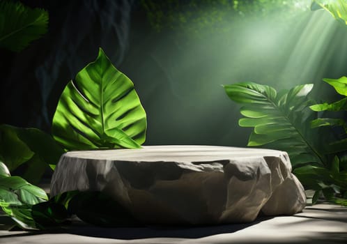 Stone podium scene summer green leaf background. Stone podium mockup with green tropical plants leaves Natural stone concrete podium, tropical forest green leaves. Empty showcase product presentation
