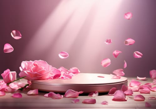 Low Empty Premium Pink product podium placement on solid background with rose petals falling. Podium with pink rose flowers petals background. Podium mockup for product. Podium with beauty rose petals