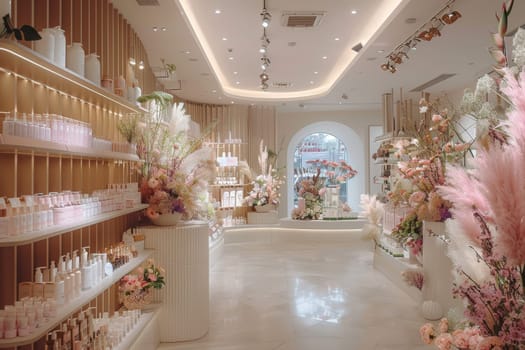A store with a lot of pink flowers and a lot of pink products.