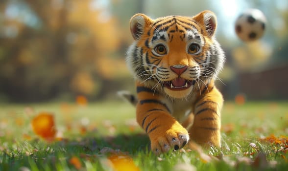 3D illustration of a tiger playing football. Selective soft focus.