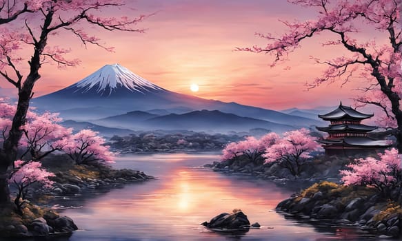 Serene landscape with mountain, pagoda in background. For meditation apps, on covers of books about spiritual growth, in designs for yoga studios, spa salons, illustration for articles on inner peace