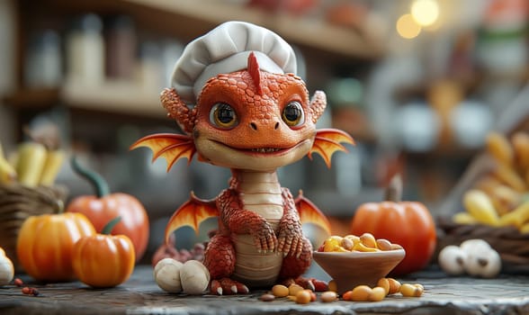 Illustration of a baby dragon preparing food. Selective soft focus.