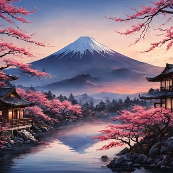 Serene landscape with mountain, pagoda in background. Sky is filled with beautiful pink hue, and moon is shining brightly. Concept of peace, tranquility. For art, creative projects, fashion, magazines