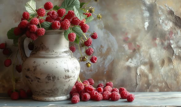 Ripe raspberries on the table and in a ceramic bowl. Selective soft focus.
