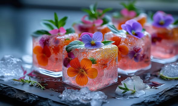 Ice cubes with flowers on an abstract background. Selective soft focus.