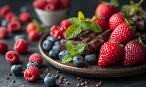 Chocolate and fresh berries on the table. Selective soft focus.
