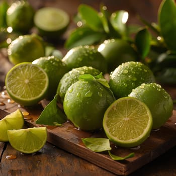 Fresh lime with leaves on the table. Selective soft focus.