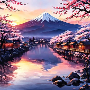 Serene landscape with mountain, pagoda in background. Sky is filled with beautiful pink hue, and moon is shining brightly. Concept of peace, tranquility. For art, creative projects, fashion, magazines