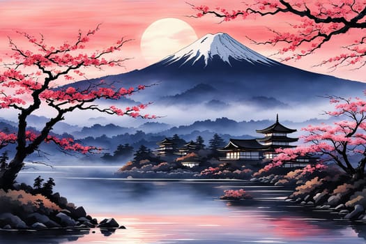 Serene landscape with mountain, pagoda in background. Sky is filled with beautiful pink hue, and moon is shining brightly. Concept of peace, tranquility. For art, creative projects, fashion, magazines