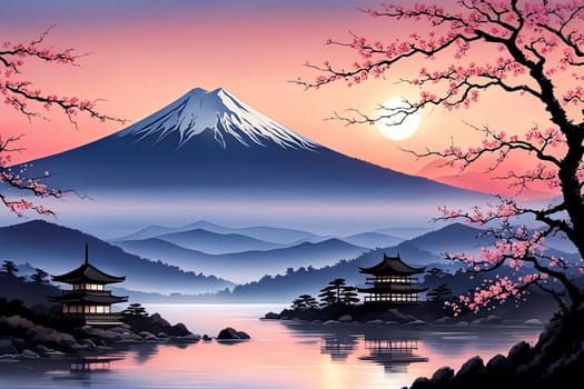 Serene landscape with mountain, pagoda in background. Sky is filled with beautiful pink hue, and moon is shining brightly. Concept of peace, tranquility. For art, creative projects, fashion, magazines