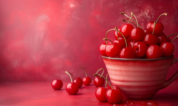 Ripe cherries in a cup on a pink background. Selective soft focus.