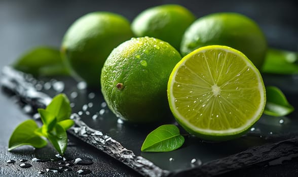 Fresh lime with leaves on the table. Selective soft focus.