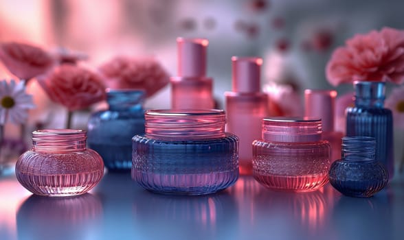 Cosmetic products on a background in color. Selective soft focus.