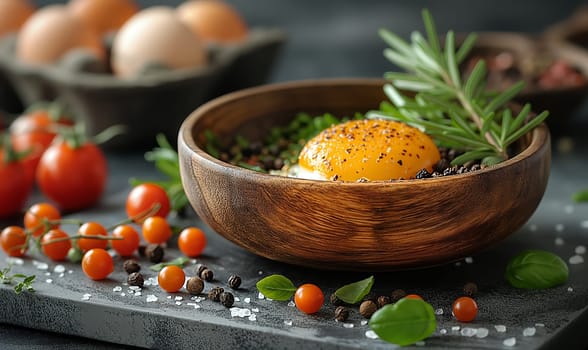 Cooked egg in a cup on the table. Selective soft focus.