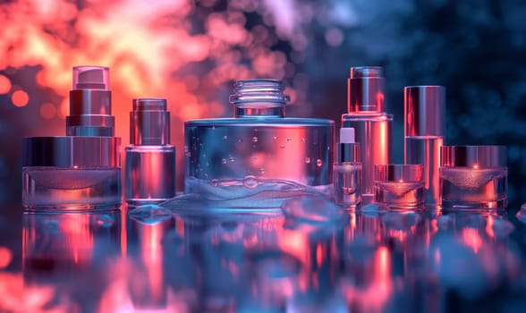 Cosmetic products on a background in color. Selective soft focus.