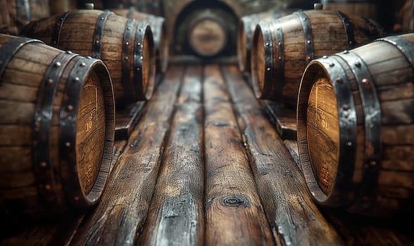 Background of stacked wooden storage barrels. Selective soft focus.