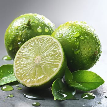 Fresh lime with leaves on the table. Selective soft focus.