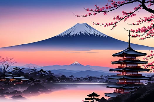 Japanese sunset over tranquil landscape, featuring traditional pagoda silhouetted against radiant sky. Blend of vibrant colors captures essence of peace. For art, creative projects, fashion, magazines