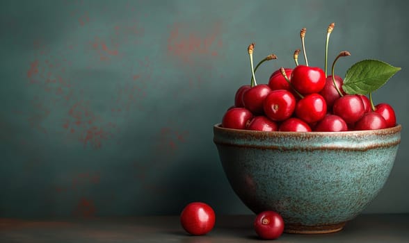 Ripe cherries in a cup on a vintage background. Selective soft focus.