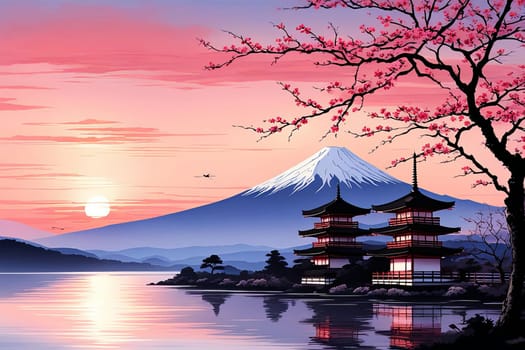 Japanese sunset over tranquil landscape, featuring traditional pagoda silhouetted against radiant sky. Blend of vibrant colors captures essence of peace. For art, creative projects, fashion, magazines