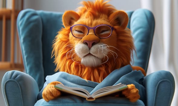 3D illustration of a lion reading a book. Selective soft focus.
