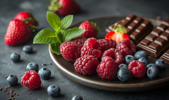 Chocolate and fresh berries on the table. Selective soft focus.