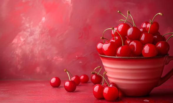 Ripe cherries in a cup on a pink background. Selective soft focus.