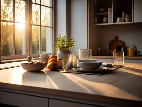 Flowers on wooden tabletop of modern kitchen interior. Cozy fashionable kitchen decor. White aesthetic kitchen interior details and decor. Empty table with copy space.