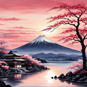 Japanese sunset over tranquil landscape, featuring traditional pagoda silhouetted against radiant sky. Blend of vibrant colors captures essence of peace. For art, creative projects, fashion, magazines