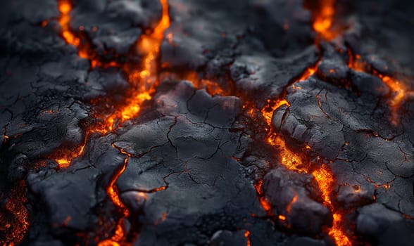 Abstract background of extinct lava with red gaps. Selective soft focus.