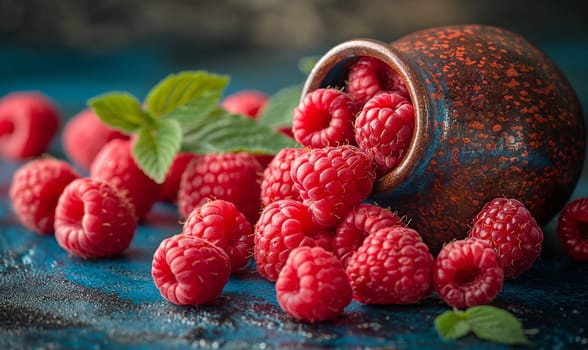 Ripe raspberries on the table and in a ceramic bowl. Selective soft focus.