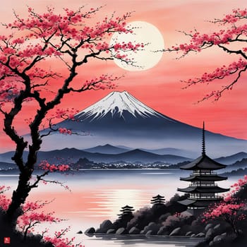 Japanese pagoda set against iconic Mount Fuji, capturing essence of traditional Japanese landscape, architecture. For art, creative projects, fashion, style, advertising campaigns, web design, print