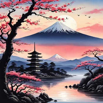 Japanese pagoda set against iconic Mount Fuji, capturing essence of traditional Japanese landscape, architecture. For art, creative projects, fashion, style, advertising campaigns, web design, print