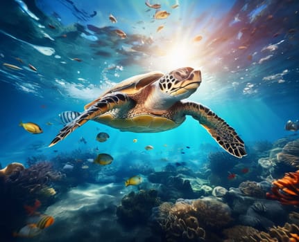 Sea turtle swimming in blue green ocean. Turtle under sea with sunburst in background underwater