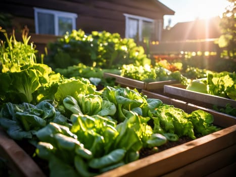 Growing vegetables on raised wooden bed in backyard garden, vegetable growing concept. Small urban backyard garden contains raised planting beds for growing salad greens and herbs throughout summer