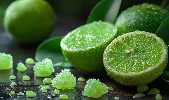 Fresh lime with leaves on the table. Selective soft focus.