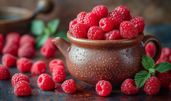 Ripe raspberries on the table and in a ceramic bowl. Selective soft focus.